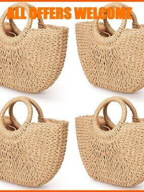 Rattan Straw Woven Tote Handbag with Cotton Lining Big Capacity Travel